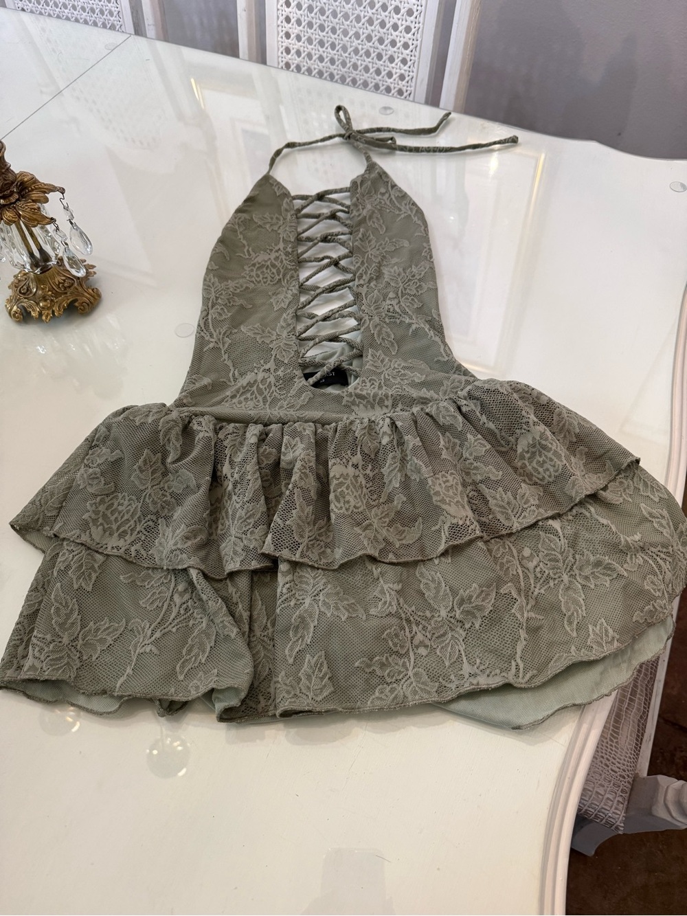 Lace Halter Mini Dress in Sage Green